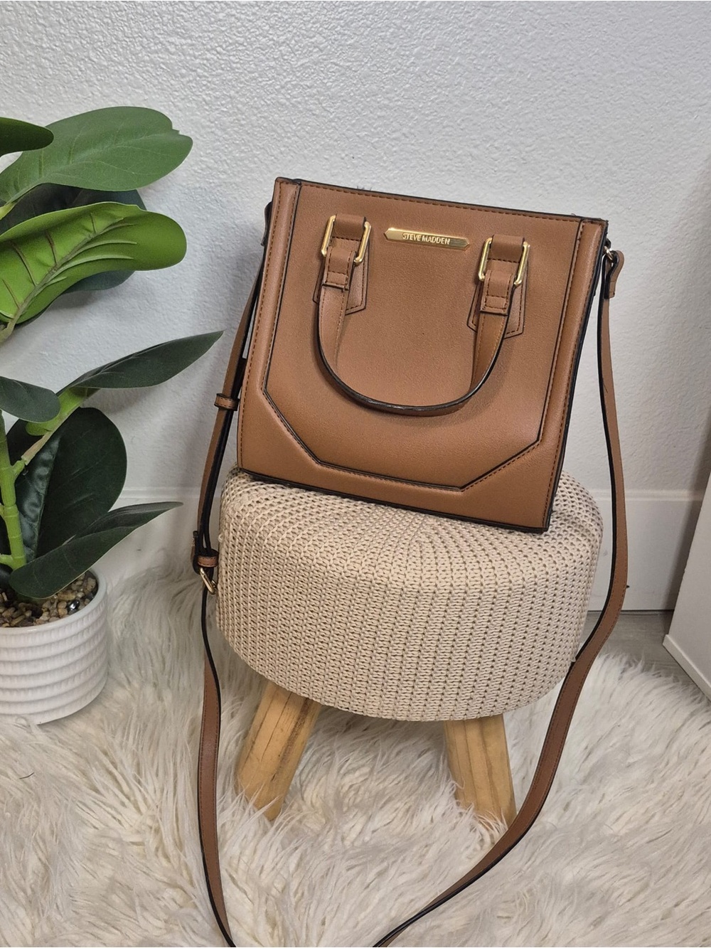 Steve Madden - Structured Brown Leather Crossbody Tote - Women Bags